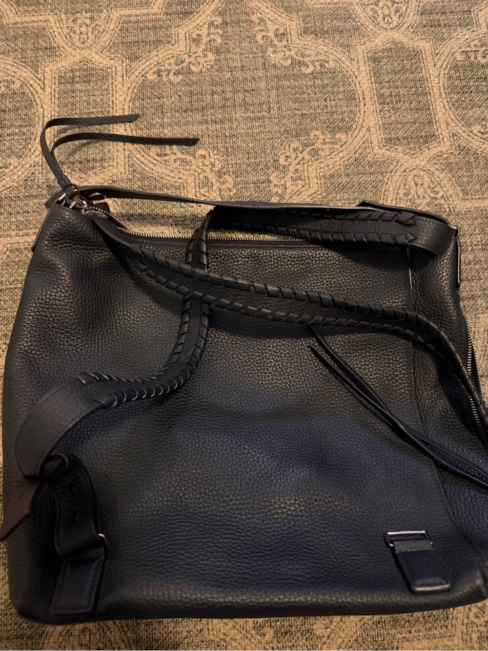All Saints Navy Leather Tote Bag with Braided Handles